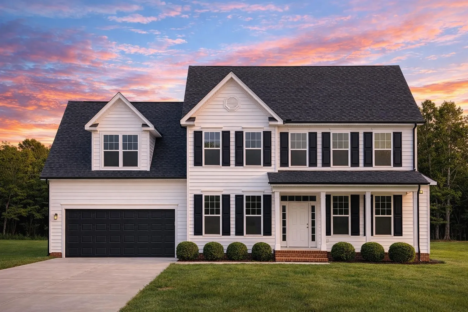 Front elevation of a two-story Traditional Colonial home with horizontal lap siding, brick foundation, and symmetrical windows over a double garage