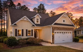 Front view of a Modern Farmhouse featuring board and batten siding, stone accents, and dark trim details with a three-car garage and steep gabled rooflines