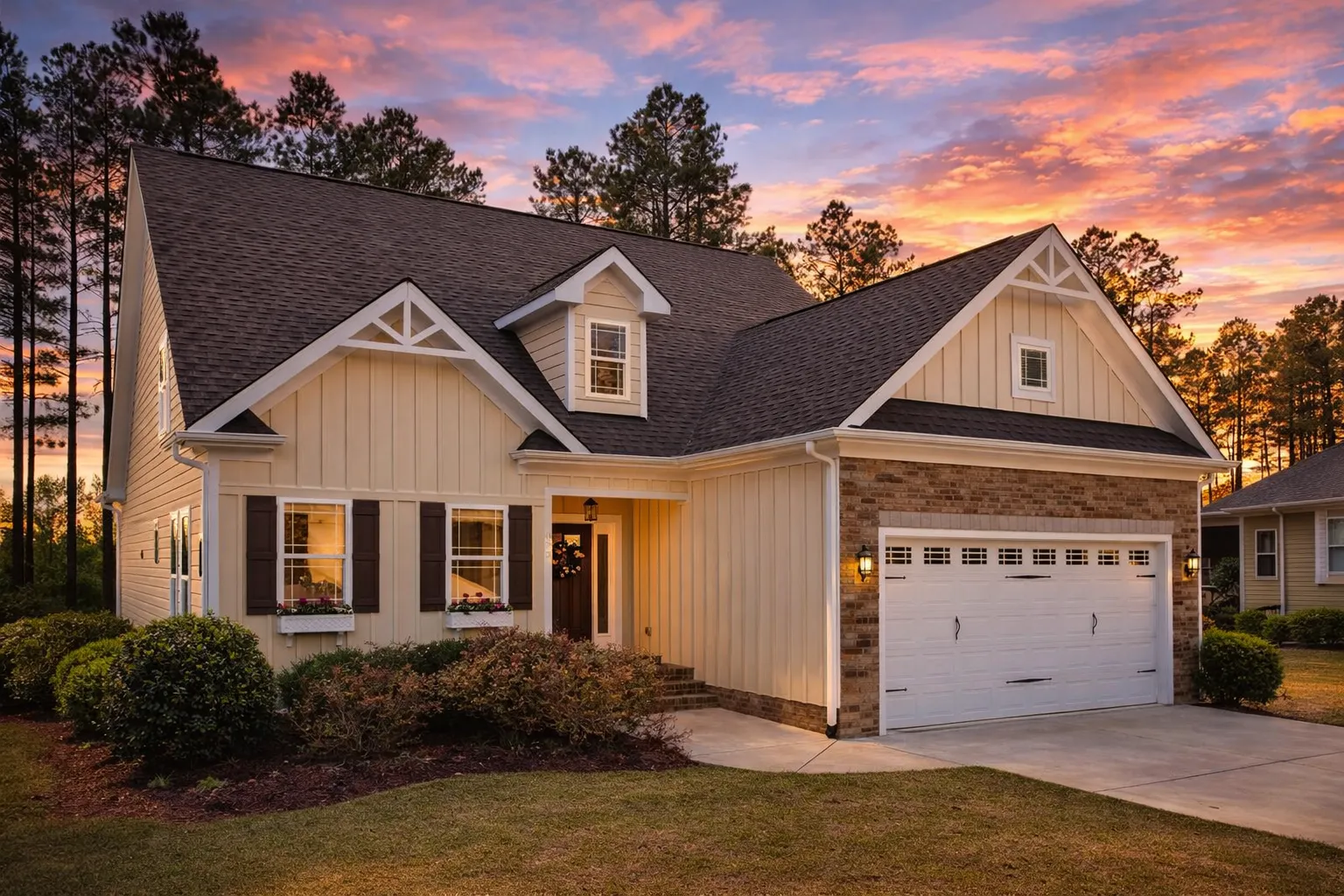 Front view of a Modern Farmhouse featuring board and batten siding, stone accents, and dark trim details with a three-car garage and steep gabled rooflines