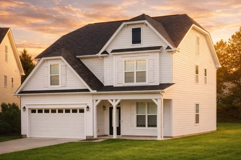 Front elevation of a New American modern traditional house with white siding, covered front porch, and two-car garage