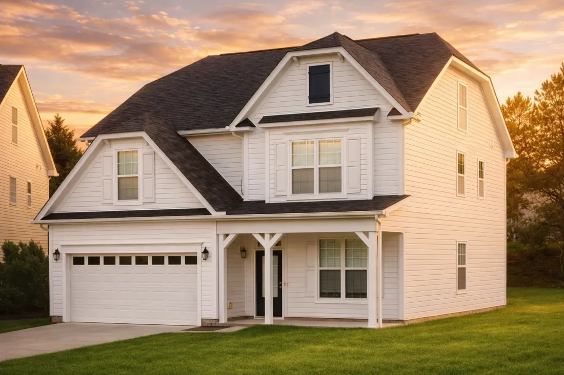 Front elevation of a New American style two-story home with horizontal siding, symmetrical windows, and attached garage