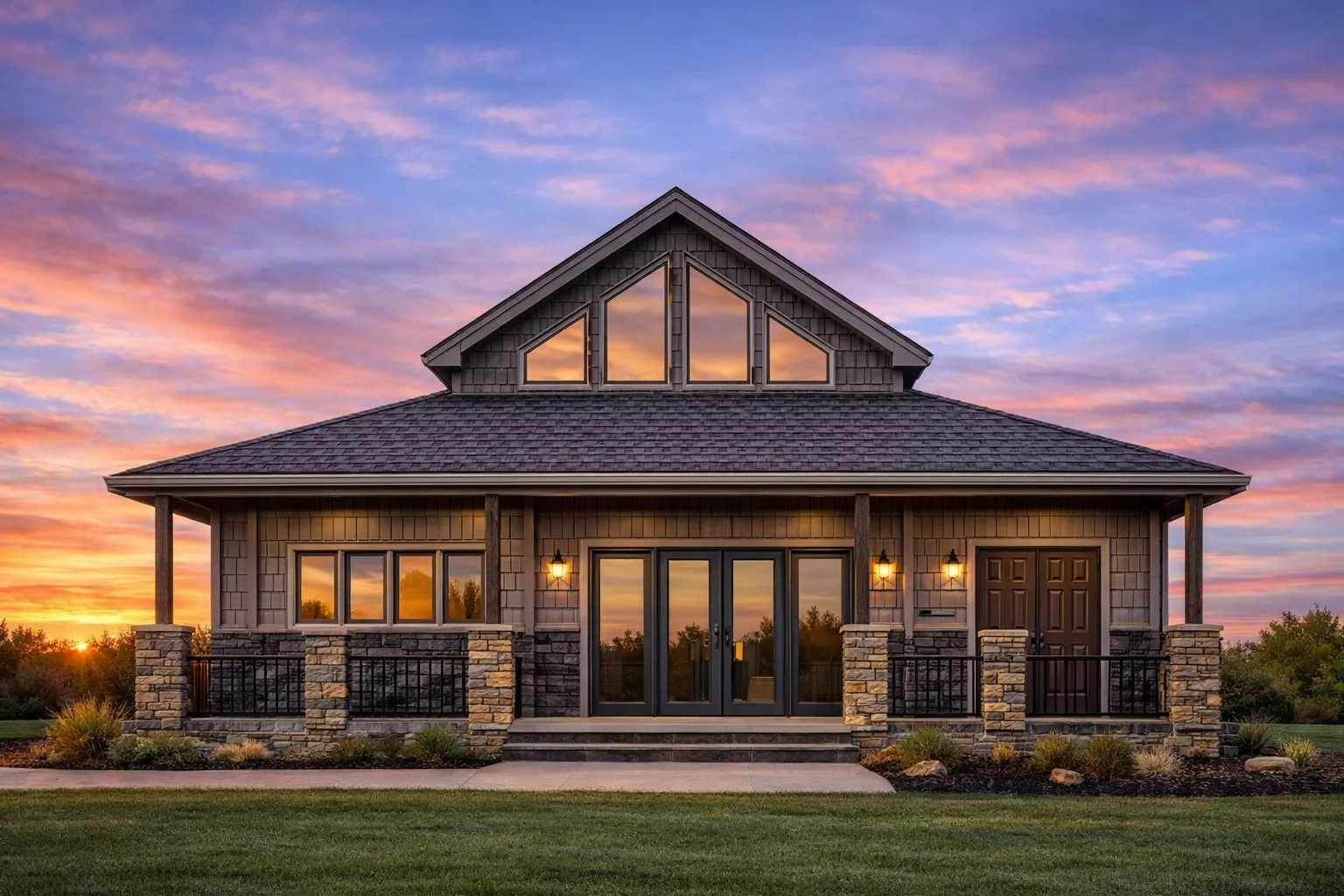 Front elevation of a Craftsman Bungalow Cottage home featuring horizontal lap siding, stone column bases, and a welcoming covered porch