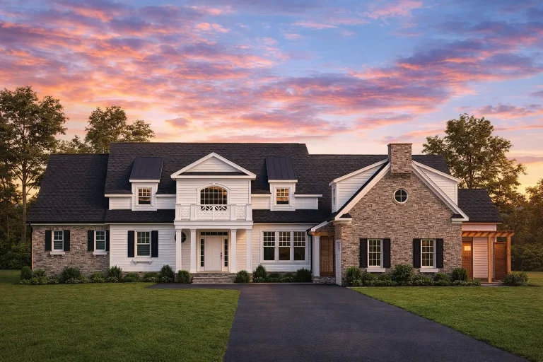 House Plans with Basement Garage 6 Front view of Modern Farmhouse with board and batten siding, stone accents, gable roofs, and classic black window trim