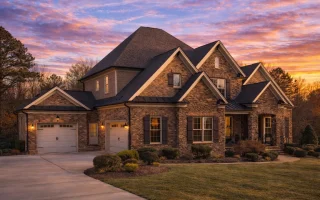 Front elevation of a New American modern traditional house featuring stone accents, board-and-batten siding, gabled rooflines, and a covered entry porch