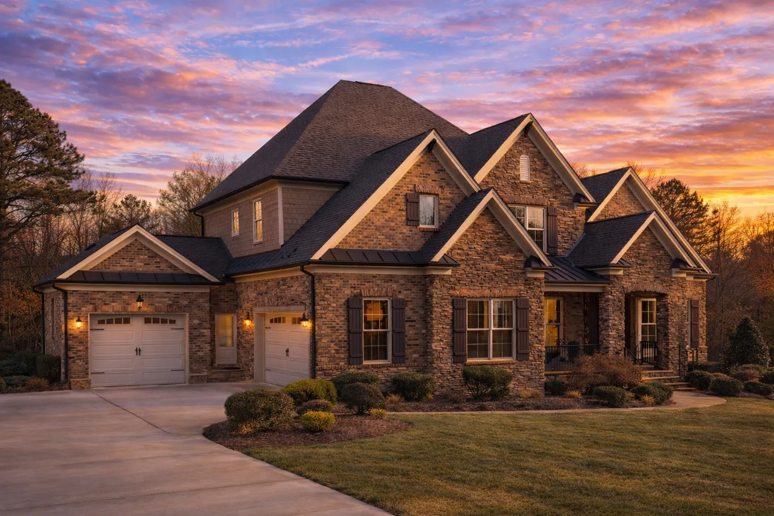 Front elevation of a New American modern traditional house featuring stone accents, board-and-batten siding, gabled rooflines, and a covered entry porch