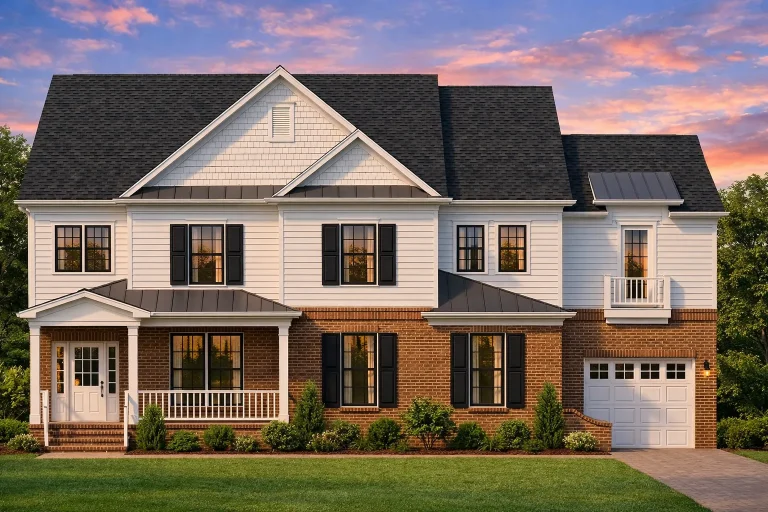 Front elevation of a New American style home with brick and lap siding exterior, covered front porch, and classic modern traditional detailing