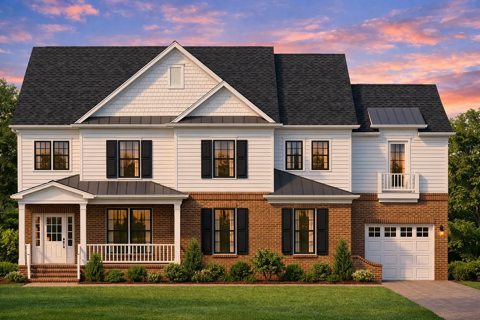 Front elevation of a New American style home with brick and lap siding exterior, covered front porch, and classic modern traditional detailing