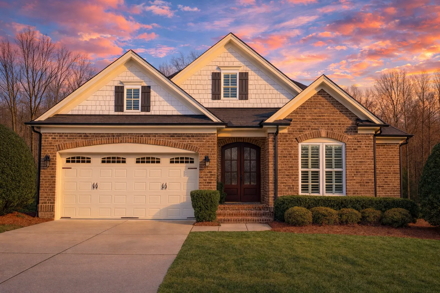 Front elevation of a traditional suburban brick home with symmetrical gables, arched entryway, and attached two-car garage