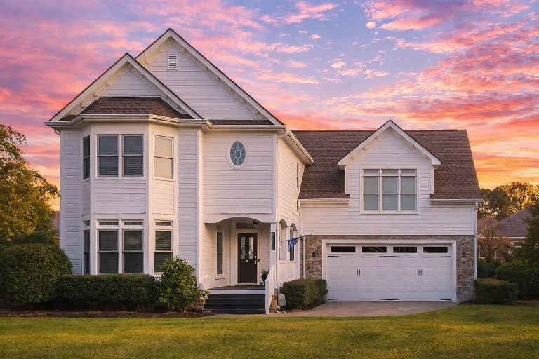 Front elevation of a Traditional Colonial style home with stone base, cream horizontal siding, and black-trimmed windows under steep gables