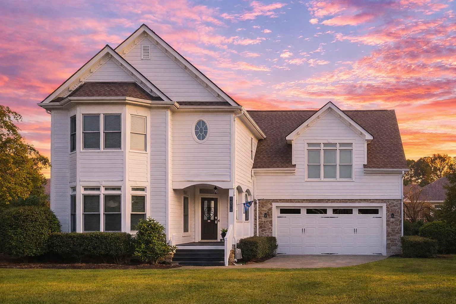 Front elevation of a Traditional Colonial style home with stone base, cream horizontal siding, and black-trimmed windows under steep gables