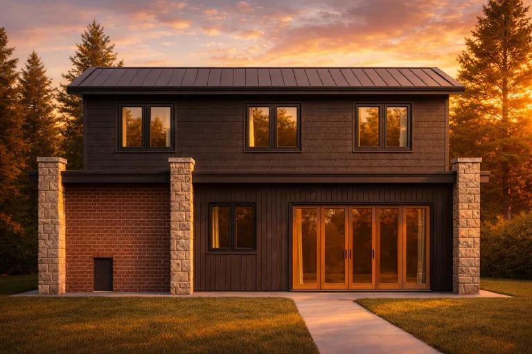 Rear elevation of a Contemporary Mountain style home featuring board-and-batten siding, horizontal siding, stone columns, brick accents, and a metal roof