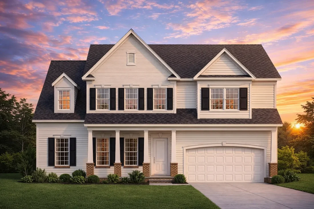 Front elevation of a Traditional Colonial style two-story home with horizontal lap siding, symmetrical windows, gabled roof, and attached garage