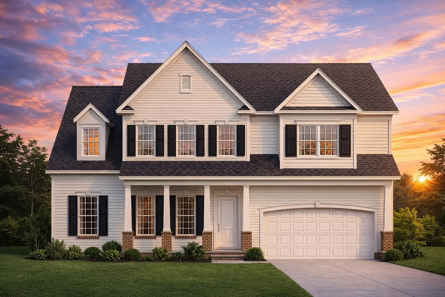 Front elevation of a Traditional Colonial style two-story home with horizontal lap siding, symmetrical windows, gabled roof, and attached garage