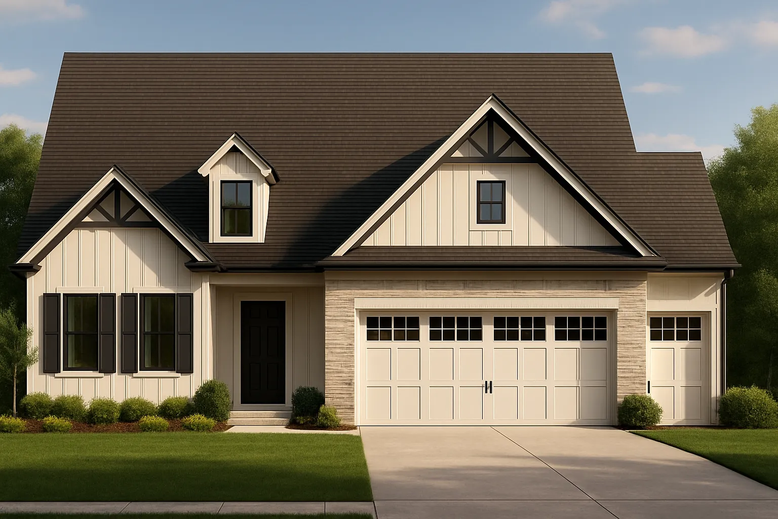 Front view of a Modern Farmhouse featuring board and batten siding, stone accents, and dark trim details with a three-car garage and steep gabled rooflines