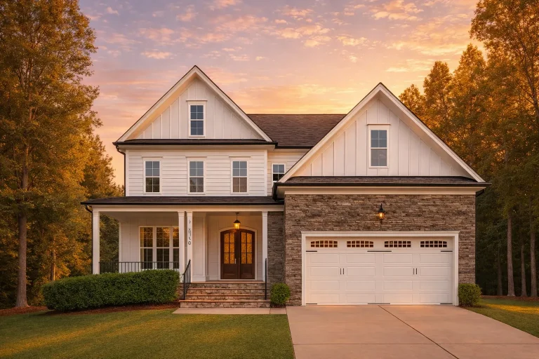 Front elevation of a Traditional Colonial style home with horizontal siding, brick porch foundation, symmetrical windows, and attached two-car garage