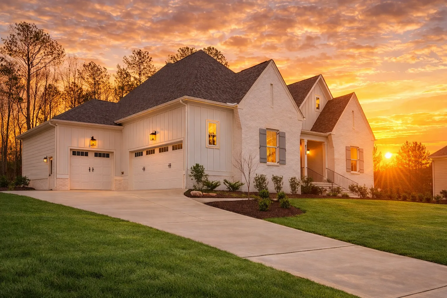 Front elevation of a New American Modern Traditional house with painted brick exterior, symmetrical gables, shutters, and covered entry