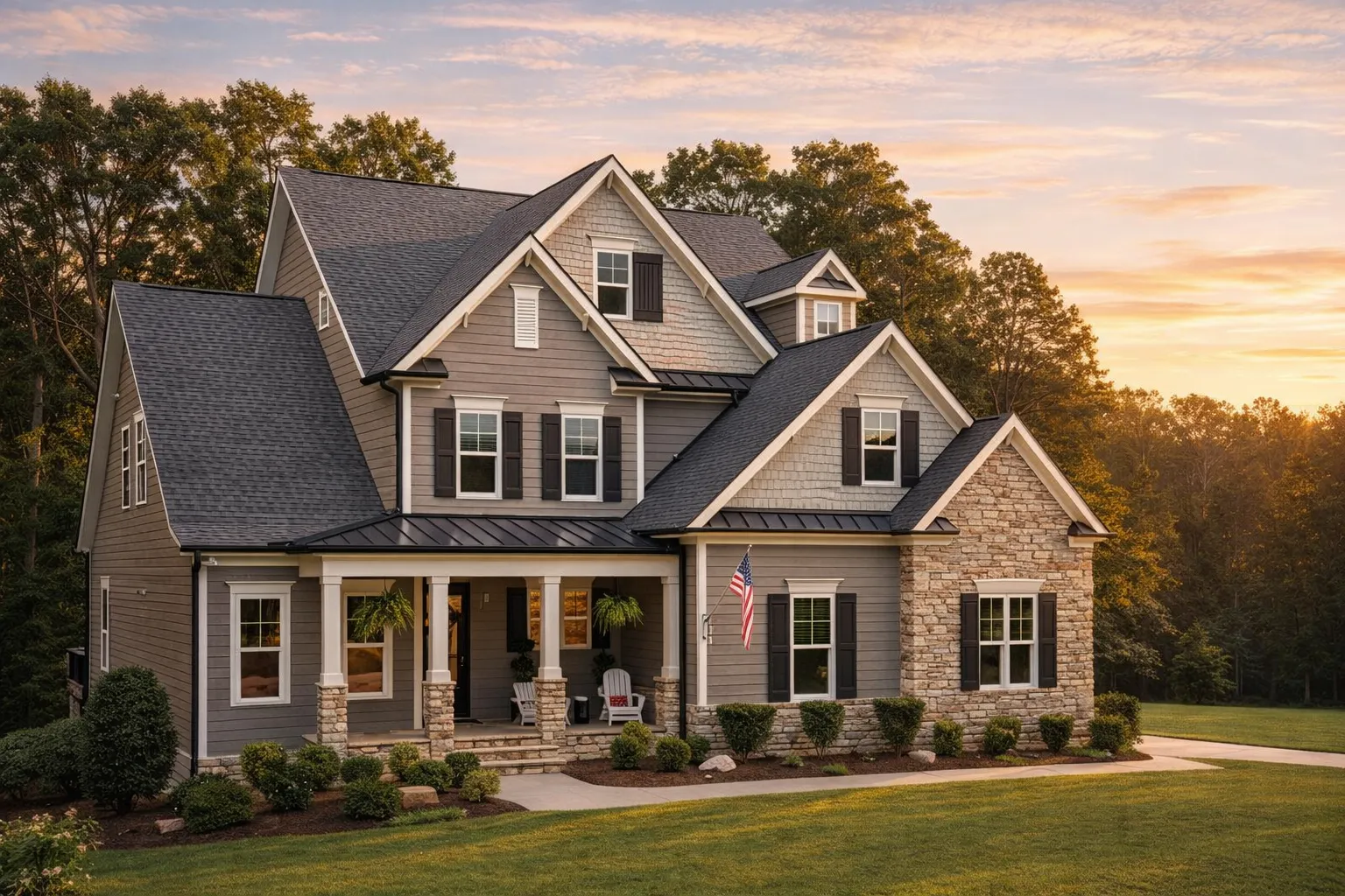Front elevation of a New American Modern Traditional house featuring horizontal siding, stone accents, gabled rooflines, and a welcoming covered front porch