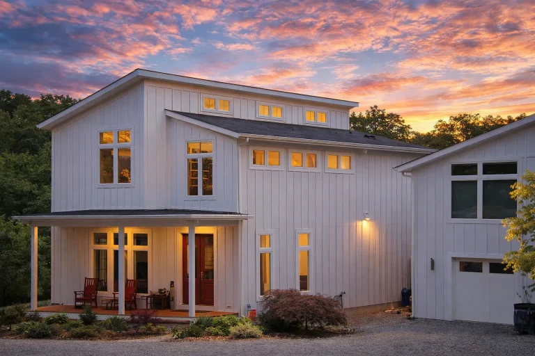 Garage Workshop Plans 9 Front elevation of a modern farmhouse style home featuring white board and batten siding, stone base, black windows, and a covered porch