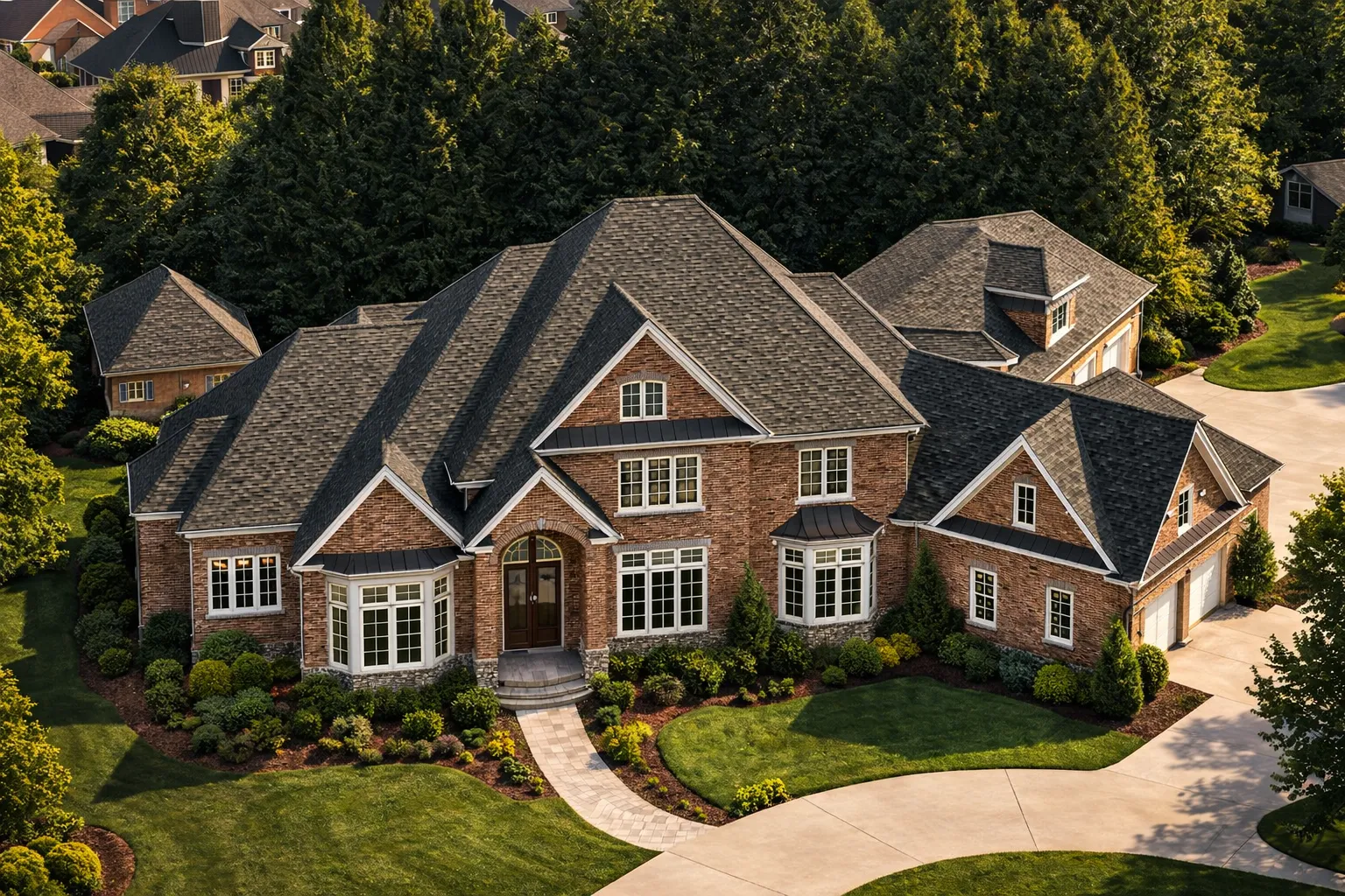 Front elevation of a French Country Transitional European style home featuring stone accents, horizontal siding, steep gables, and balanced architectural symmetry