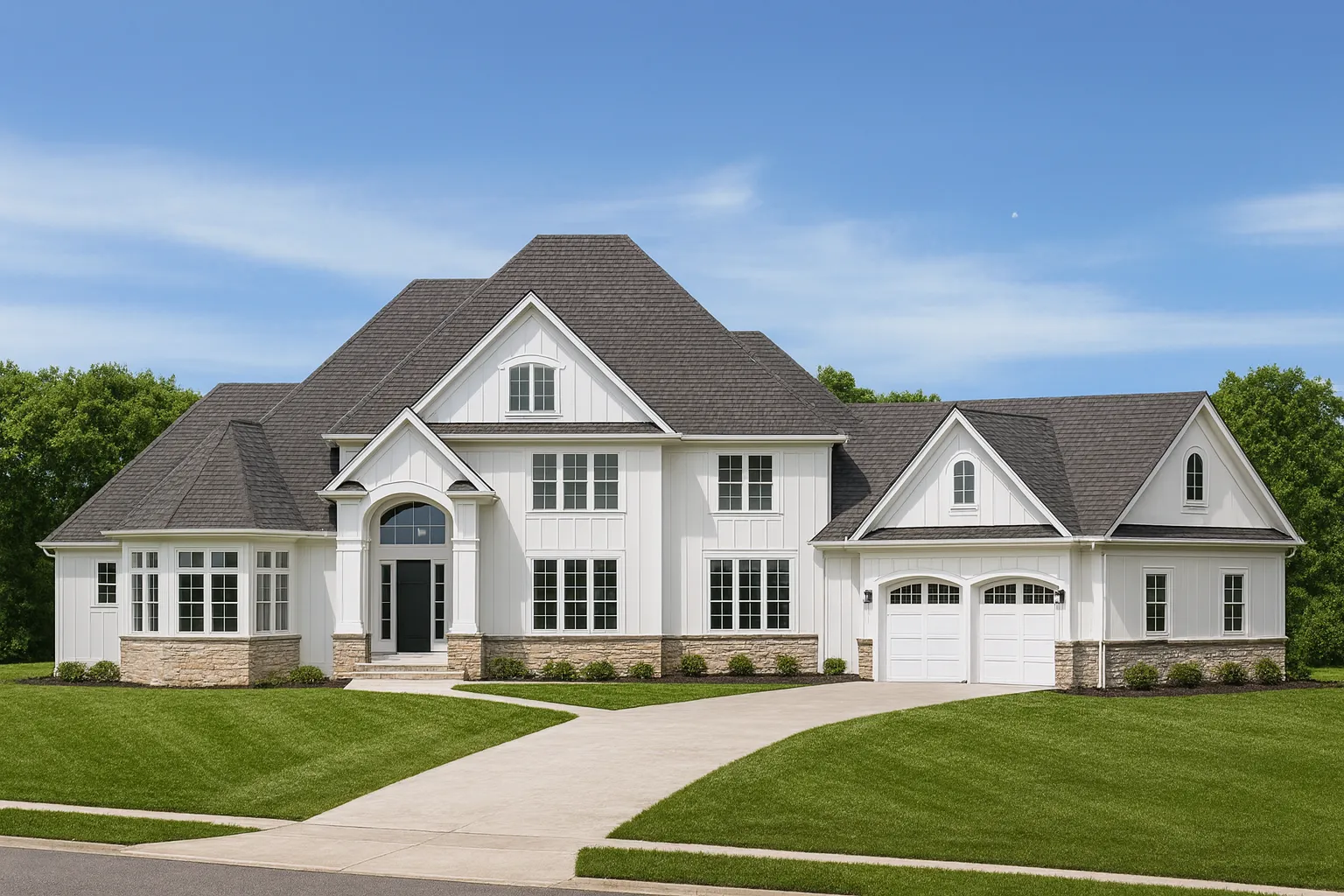 Front elevation of a French Country Transitional European style home featuring stone accents, horizontal siding, steep gables, and balanced architectural symmetry