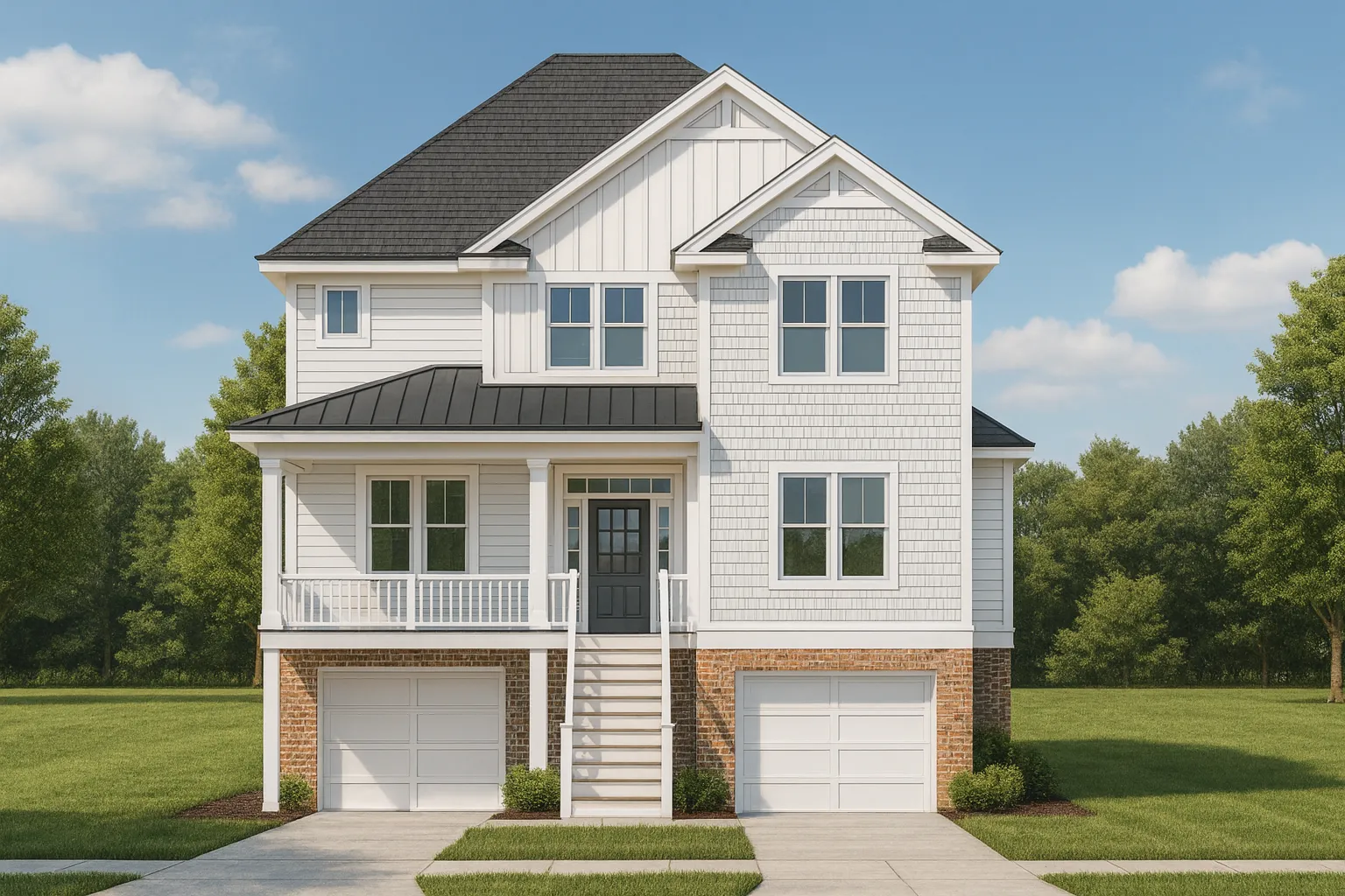 Front view of a New American Modern Traditional house featuring horizontal siding, stone veneer base, large windows, and covered balconies