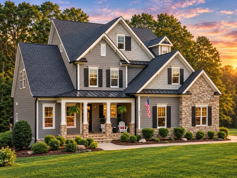 Front elevation of a New American Modern Traditional house featuring horizontal siding, stone accents, gabled rooflines, and a welcoming covered front porch