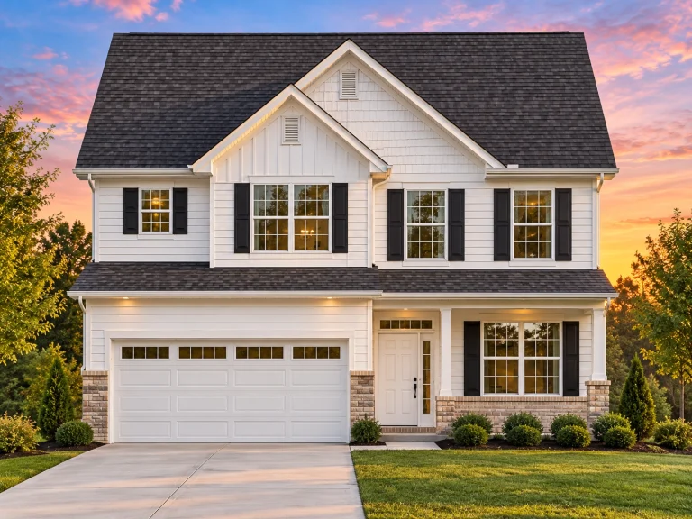 Front view of a Traditional Colonial style home featuring horizontal lap siding, black shutters, and a partial stone base for classic curb appeal