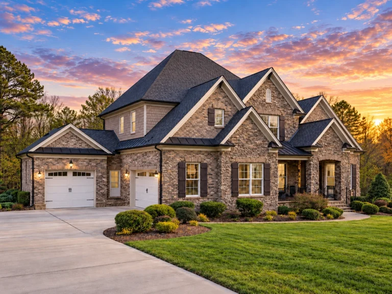 Front elevation of a New American modern traditional house featuring stone accents, board-and-batten siding, gabled rooflines, and a covered entry porch
