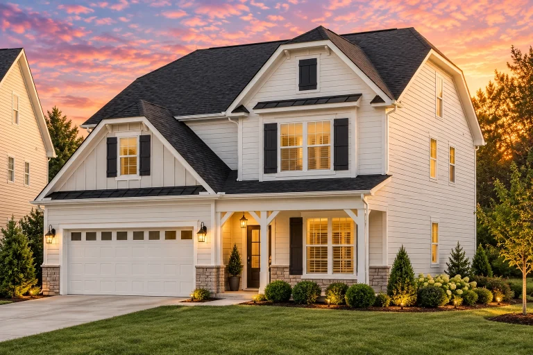 Front elevation of a New American modern traditional house with white siding, covered front porch, and two-car garage