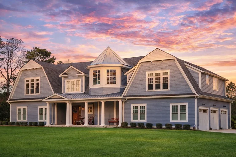 French Country Farmhouse Plans 13 Front elevation of a Shingle Style New American house with shingle siding, symmetrical façade, dormer windows, covered front porch, and classic Colonial Revival detailing