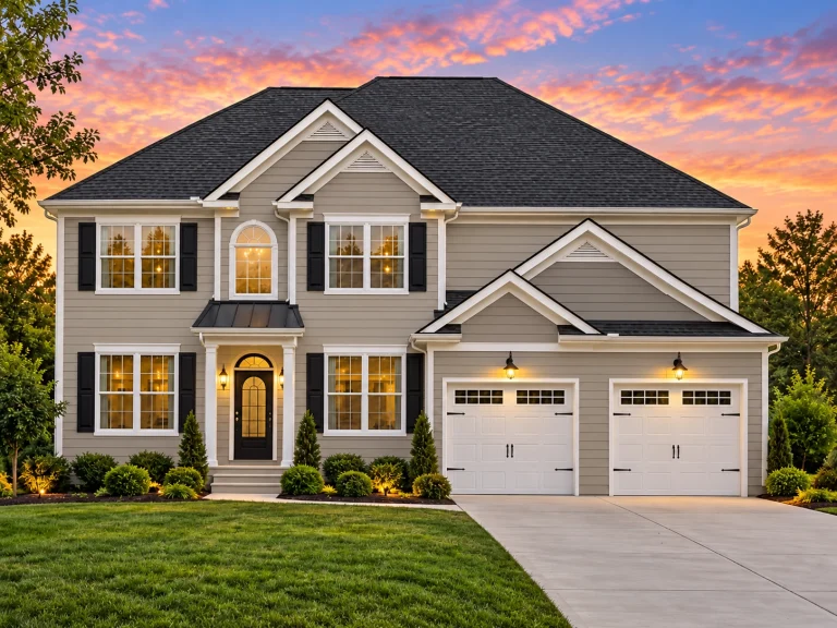 Front elevation of a New American modern traditional two-story home with horizontal siding, stone accents, and symmetrical suburban design