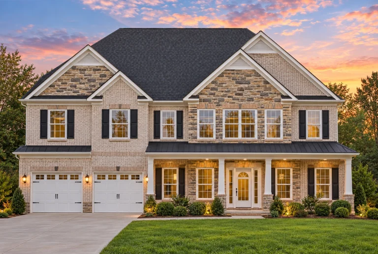 Front elevation of a New American traditional style two-story house with brick lower façade, horizontal siding, black shutters, and a covered front porch