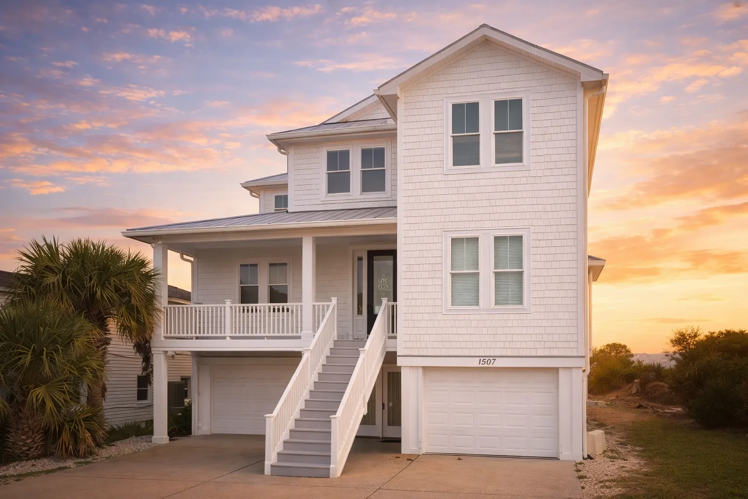 Front elevation of a Coastal Traditional Charleston style house with white lap siding, raised brick base, double front porches, and symmetrical windows