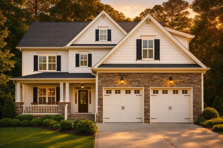 Front elevation of a Modern Farmhouse style home with board and batten siding, stone veneer, covered porch, and double garage