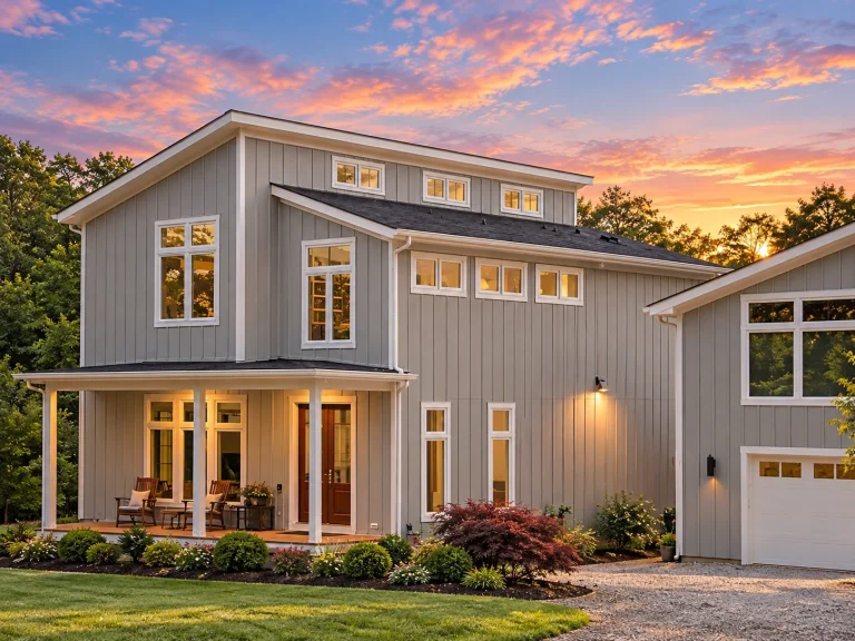 Front elevation of a modern farmhouse style home featuring white board and batten siding, stone base, black windows, and a covered porch