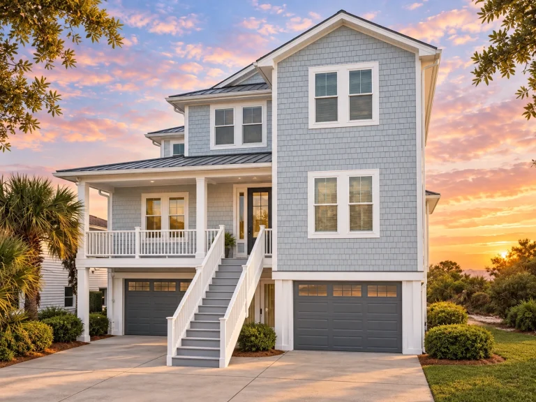 Mid-Size House Plans 25 Front elevation of a Coastal Traditional Charleston style house with white lap siding, raised brick base, double front porches, and symmetrical windows