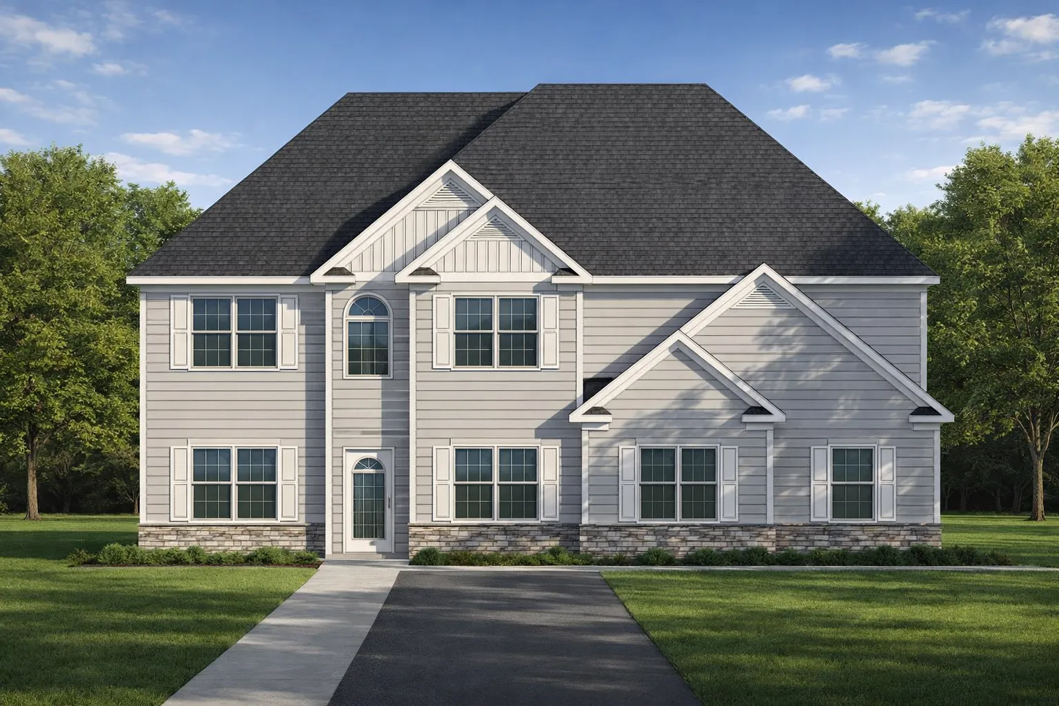 Front elevation of a New American modern traditional two-story home with horizontal siding, stone accents, and symmetrical suburban design