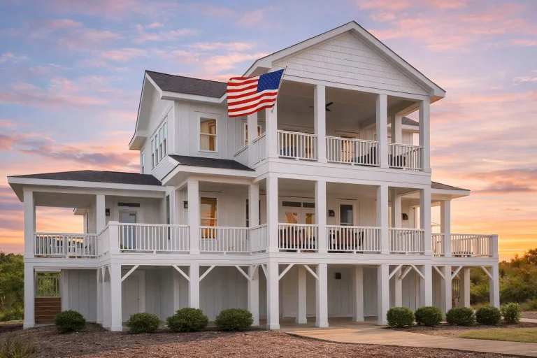 Front elevation of a Coastal Traditional beach house with wraparound porches, balconies, lap siding, and brick foundation