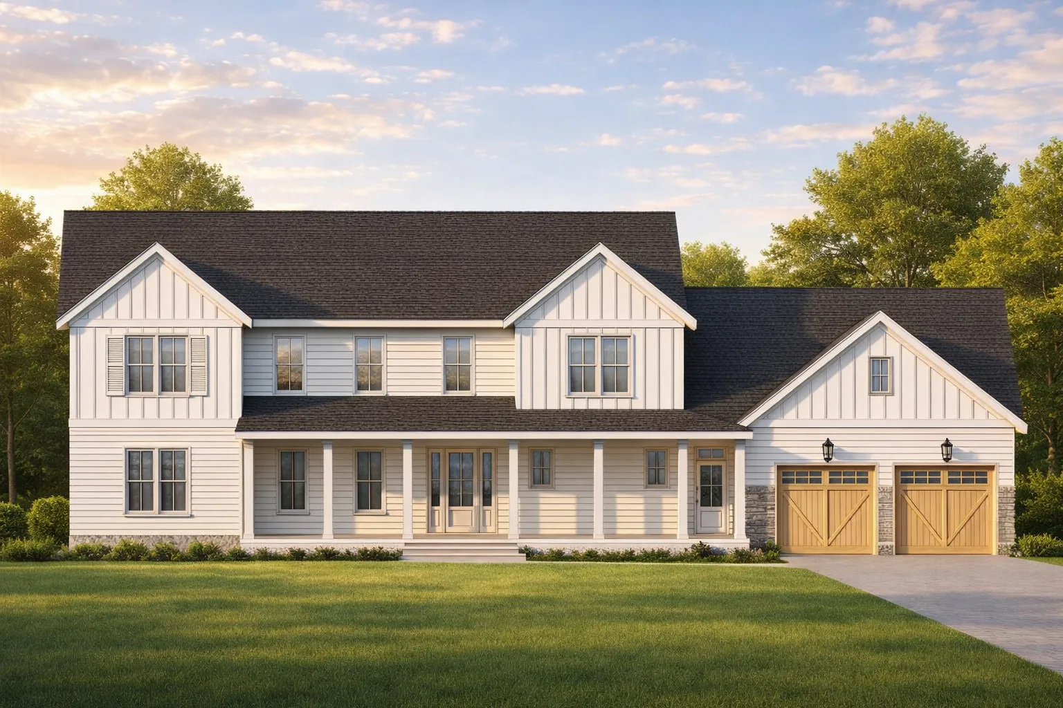Front elevation of a Modern Farmhouse style home featuring board and batten siding, horizontal lap siding, gabled rooflines, and an attached two-car garage