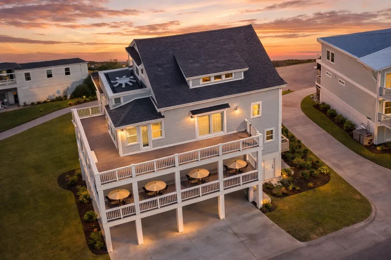 Elevated coastal beach house with wraparound porches, horizontal siding, and Low Country architectural detailing at sunset
