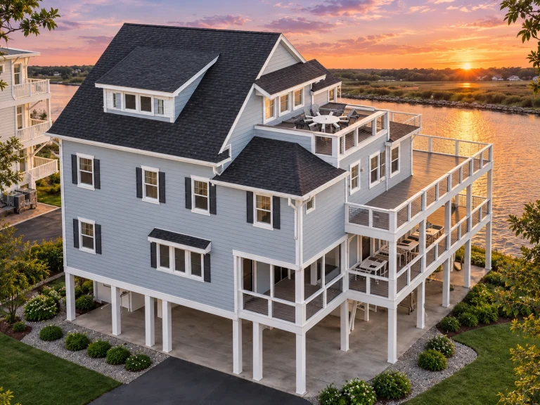 Elevated coastal beach house with wraparound porches, horizontal siding, and Low Country architectural detailing at sunset