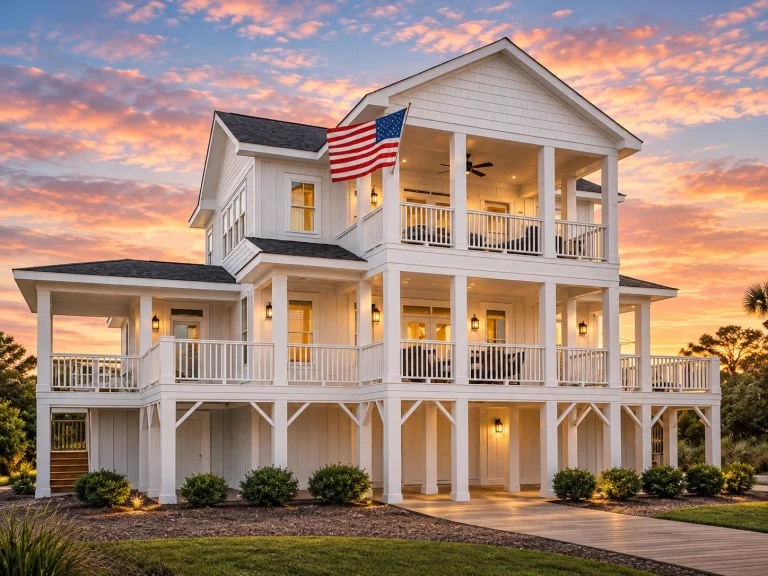 Front elevation of a Coastal Traditional beach house with wraparound porches, balconies, lap siding, and brick foundation