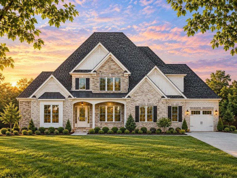 Top Designer-Approved House Plans 1 Front elevation of a New American Traditional style home with stone accents, horizontal siding, gabled rooflines, and an inviting covered entry