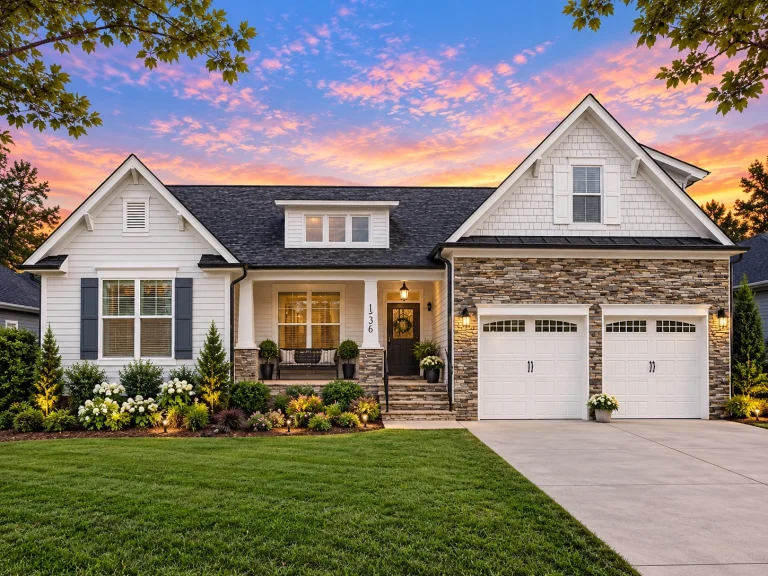 Front elevation of a Modern Farmhouse with white board and batten siding, gabled rooflines, covered front porch, and two-car garage