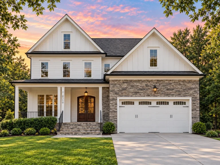Best-Selling House Plans for Builders 7 Front elevation of a Traditional Colonial style home with horizontal siding, brick porch foundation, symmetrical windows, and attached two-car garage