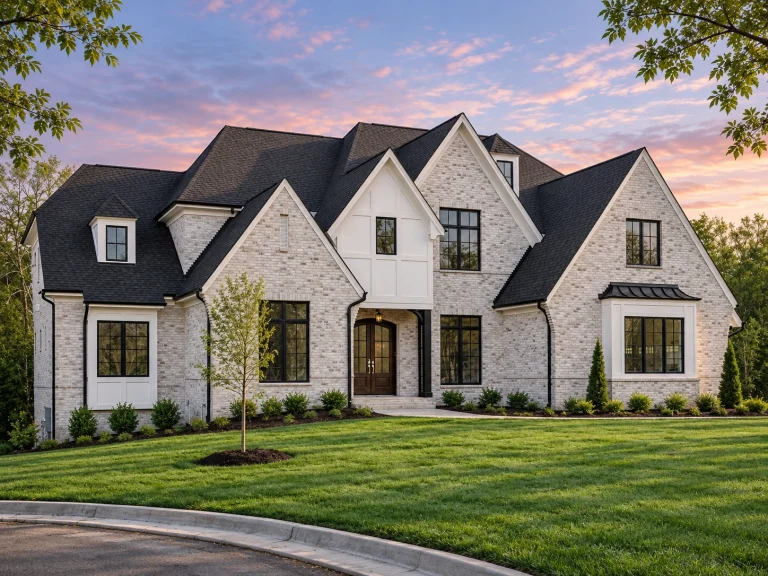Front exterior of a New American Modern Traditional home featuring painted brick, stone accents, steep gables, and symmetrical architecture