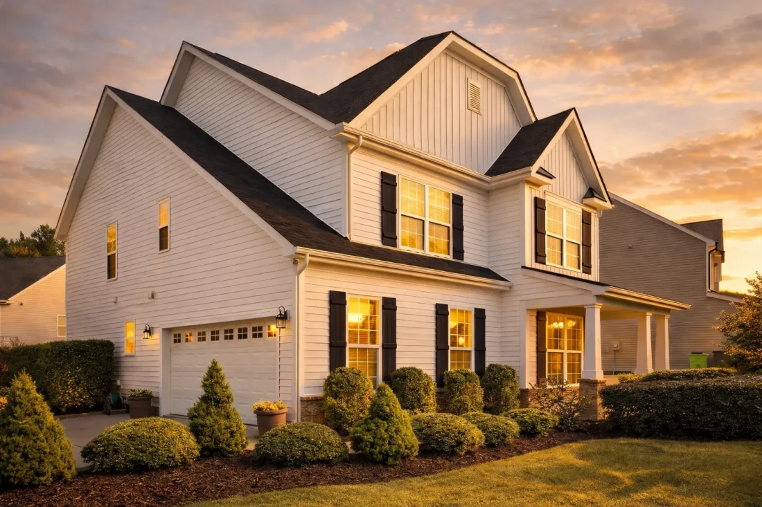 Front elevation of a Traditional Colonial two-story house with horizontal lap siding, black shutters, gabled roof, and attached two-car garage