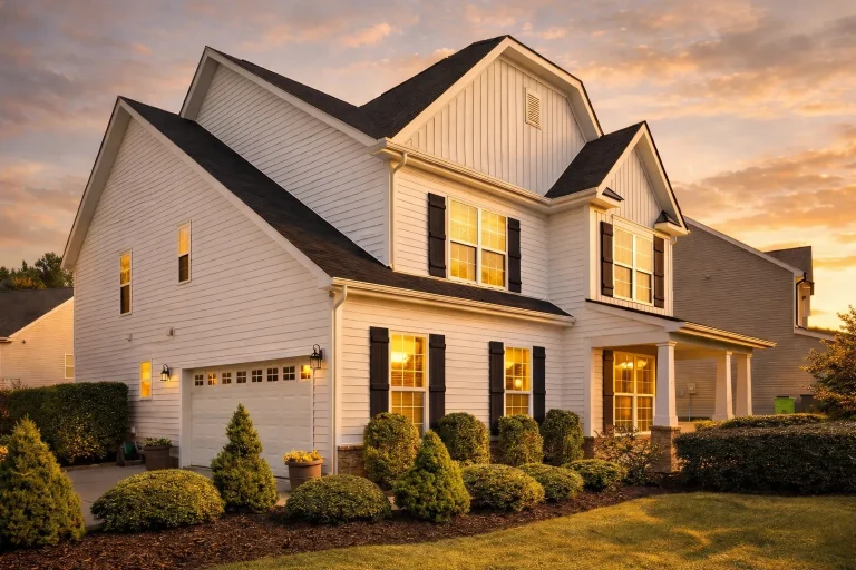 Transitional House Plans 14 Front elevation of a Traditional Colonial two-story house with horizontal lap siding, black shutters, gabled roof, and attached two-car garage
