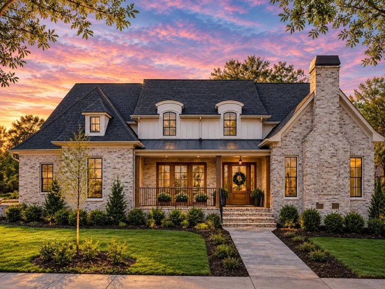 Front exterior view of a French Country style home featuring stone masonry, steep rooflines, dormer windows, and symmetrical European-inspired design