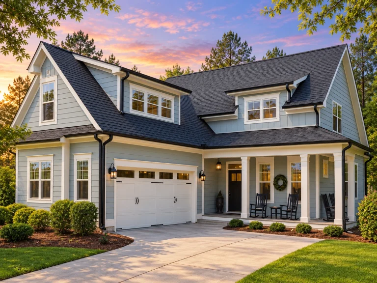 Front exterior view of a Coastal Traditional Cape Cod style house with horizontal siding, shingle accents, covered porch, and symmetrical façade